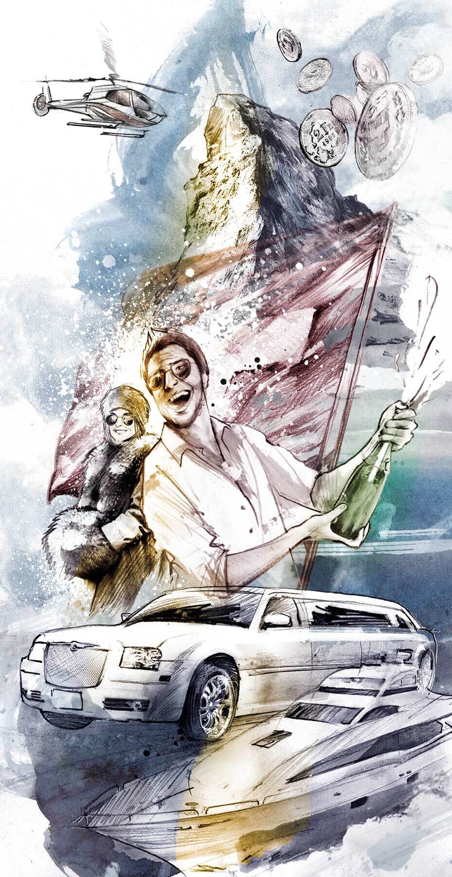 Illustration alps monaco rich mattherhorn jetset switzerland yacht champagne - Kornel Illustration | Kornel Stadler portfolio