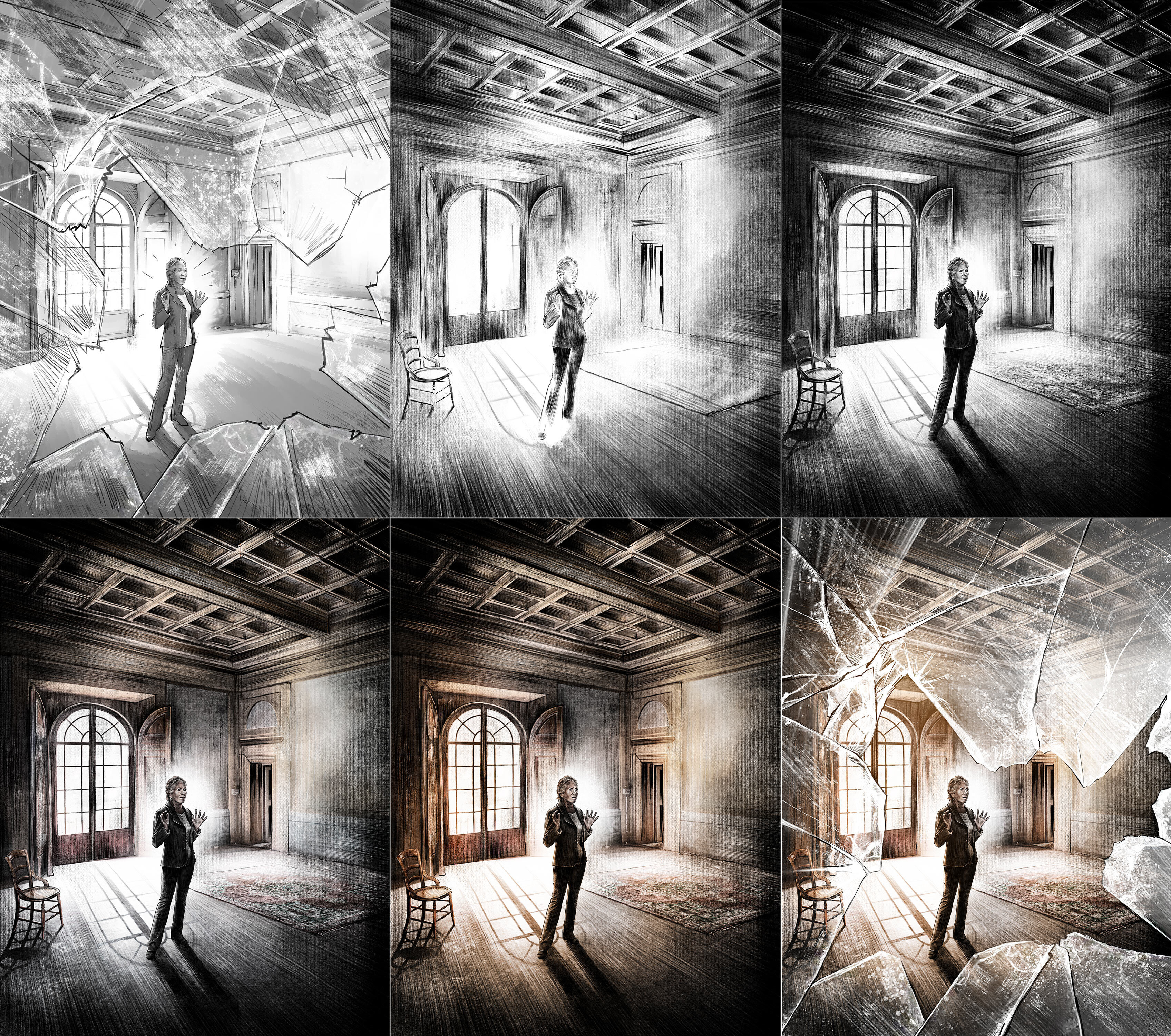 Making of abandonned villa old house broken glass illustration drawing painting - Kornel Illustration | Kornel Stadler portfolio