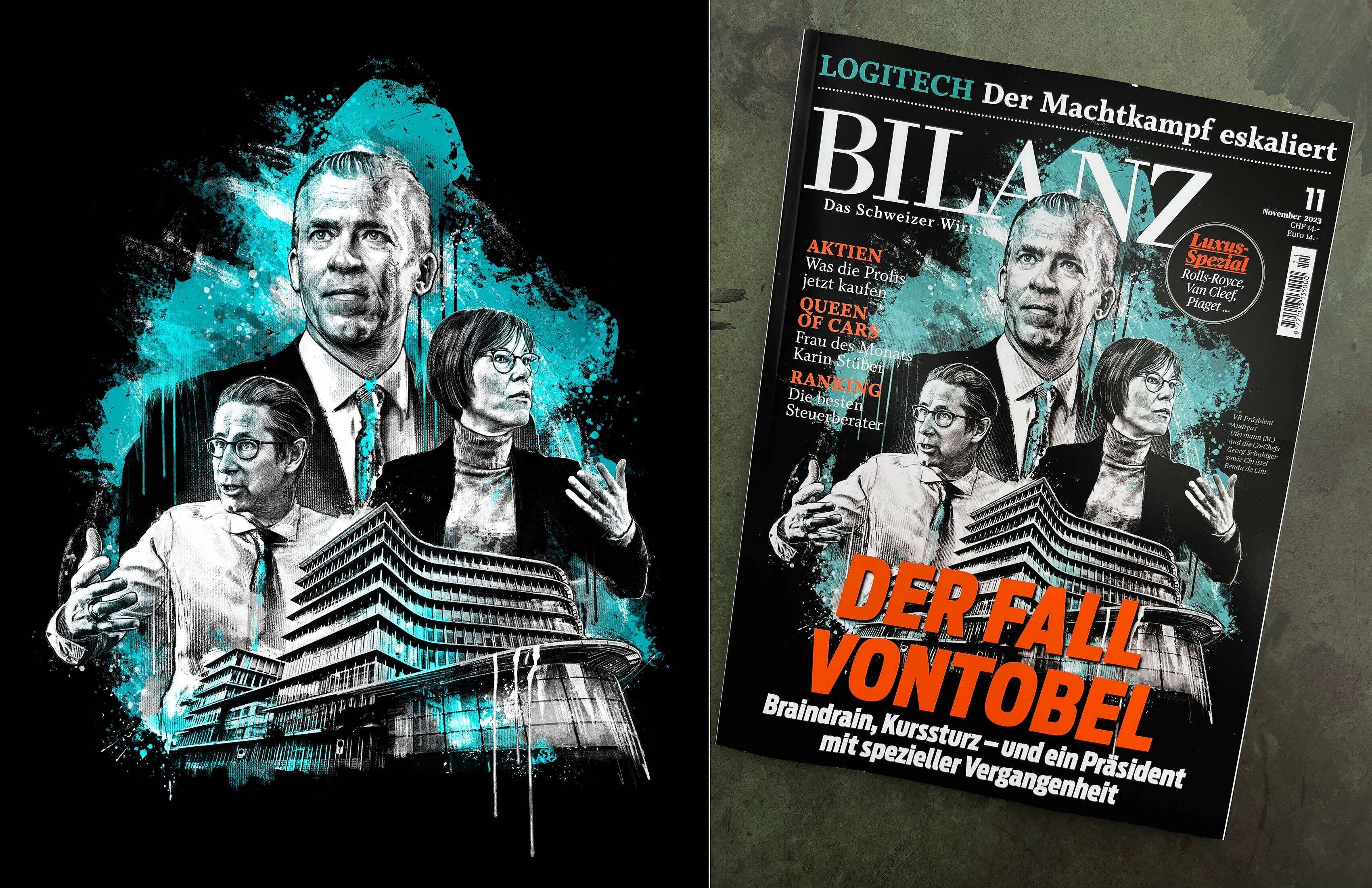 Bilanz cover illustration editorial economy wirtschaft portrait magazine Vontobel coverillustration Andreas Utermann Georg Schubiger Christel Rendu de Lint - Kornel Illustration | Kornel Stadler portfolio