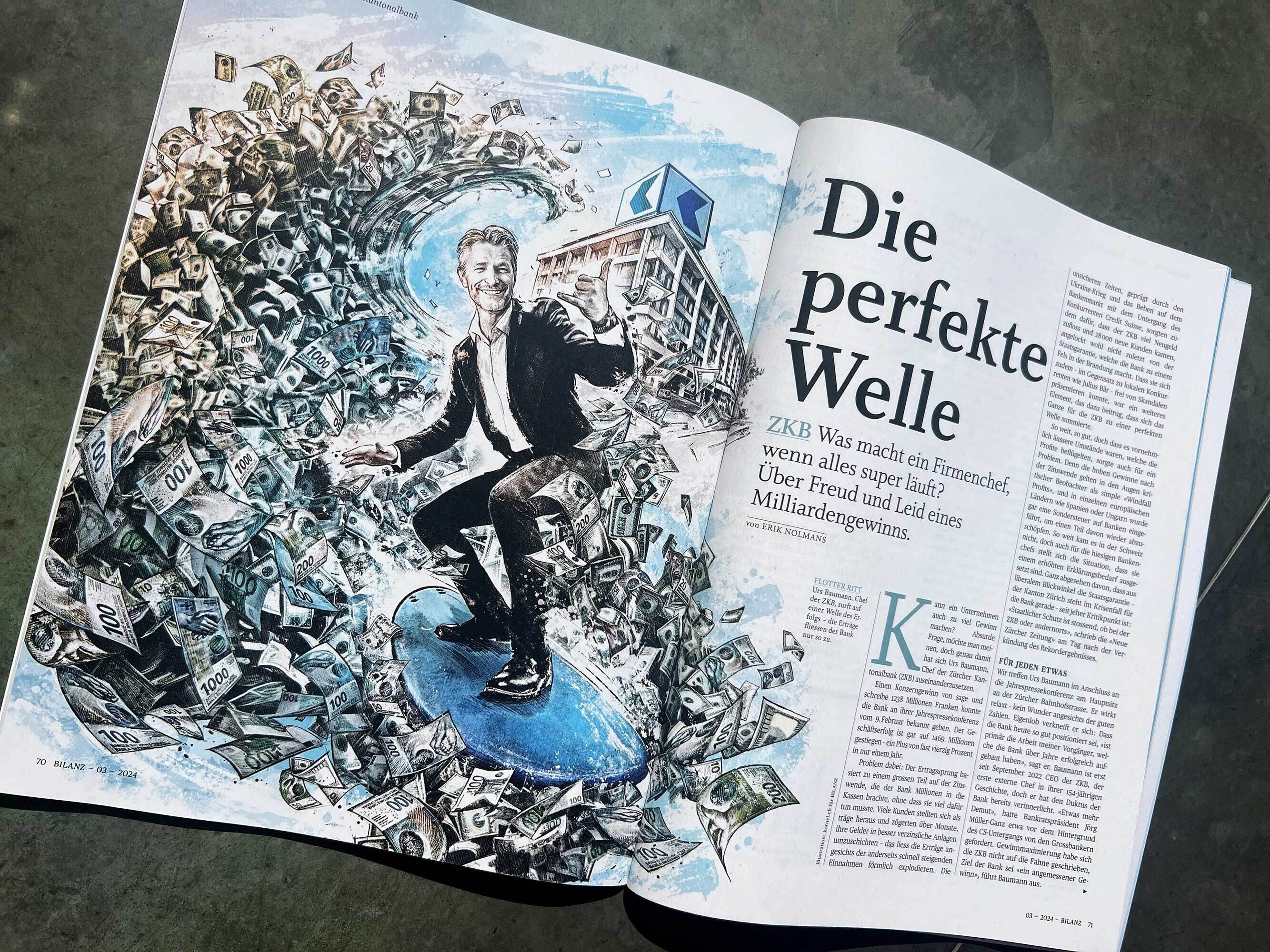 Urs Baumann zkb Zuercher kantonalbank schweiz magazineillustration conceptualillustration portaitillustration bilanz Schweizer Wirtschaftsmagazin - Kornel Illustration | Kornel Stadler portfolio