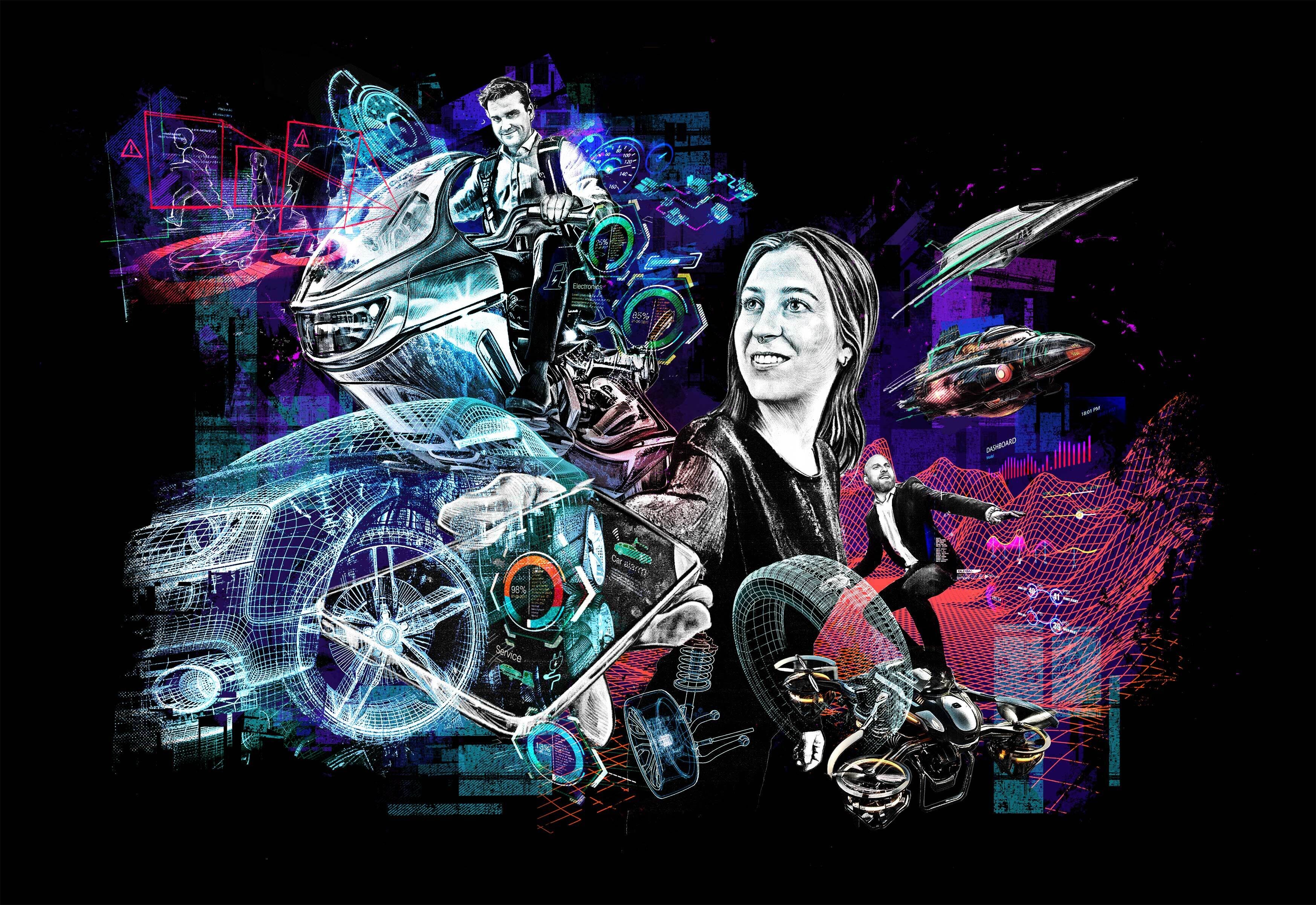Mobilisers Digital Shapers illustration editorial technology tech innovation e mobility drone flight spaceship self driving vehicles cars future - Kornel Illustration | Kornel Stadler portfolio
