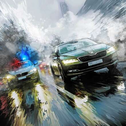 Work Editorial illustration newspaper painting carchase bmw skoda rainy fog foggy action Kornel Illustration | Kornel Stadler