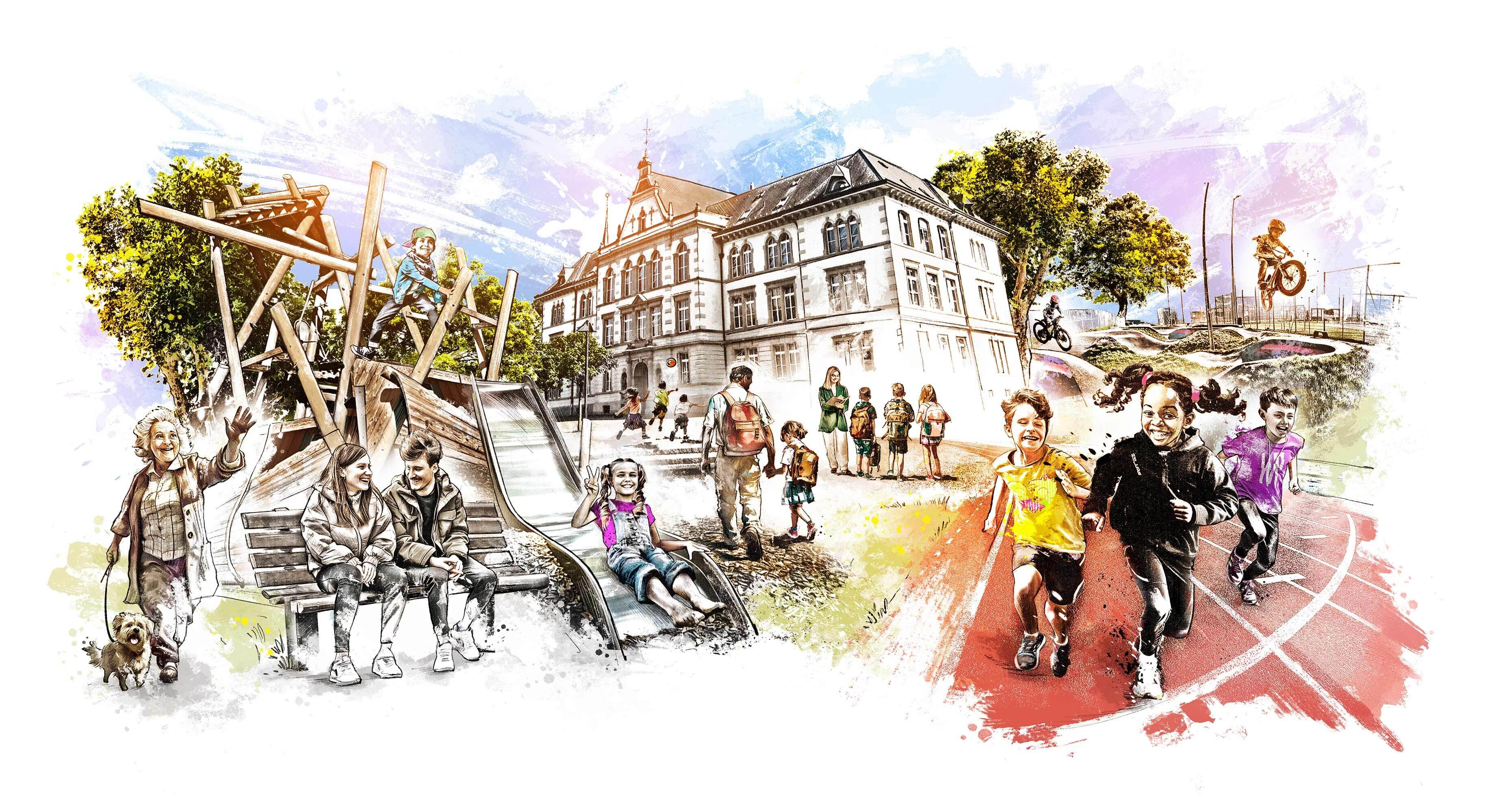 Schule school schulraumplanung sports stadt bremgarten schueler illustration velo bycycle fahrrad leben lebensqualitaet stadtleben happy pumptrack - Kornel Illustration | Kornel Stadler portfolio