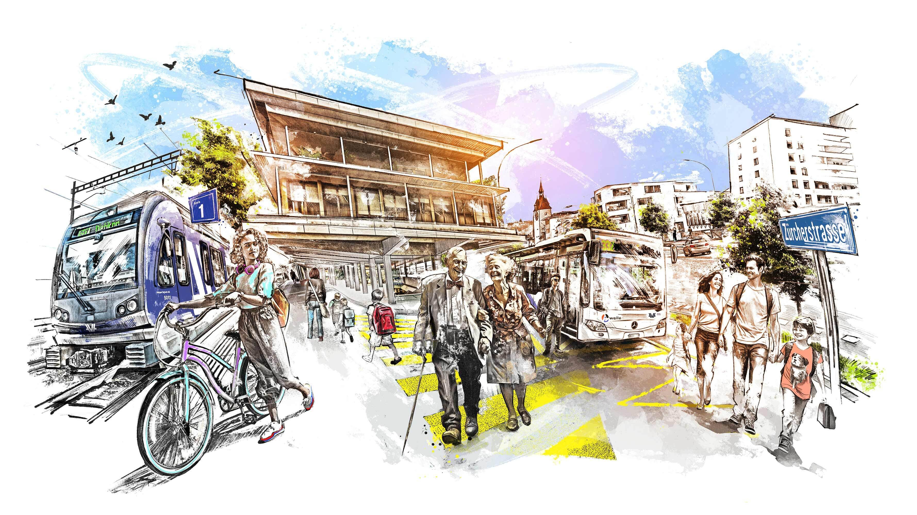 Bus Bahnhof zug Spittelturm stadt bremgarten ava schueler illustration velo bycycle fahrrad leben lebensqualitaet stadtleben familie zuerich strasse happy tourism verkehr - Kornel Illustration | Kornel Stadler portfolio