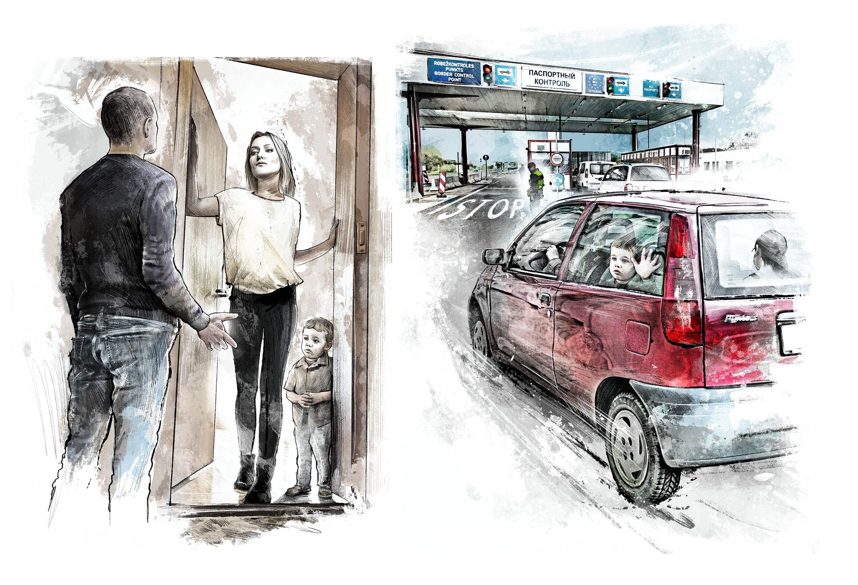 Story illustration grenz boarder entfuehrung russland auto kind sorgerecht streit ubylinka illustrated magazine sketch - Kornel Illustration | Kornel Stadler portfolio