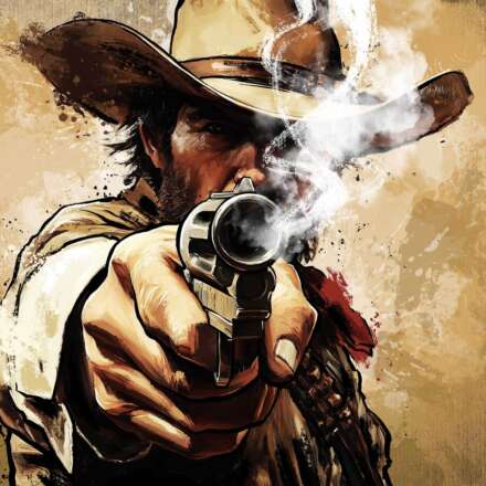 Work Usa Wild West newspaper illustration editorial conceptual cowboy colt smoking red dead redemption revolver barrel into camera western 2 Kornel Illustration | Kornel Stadler